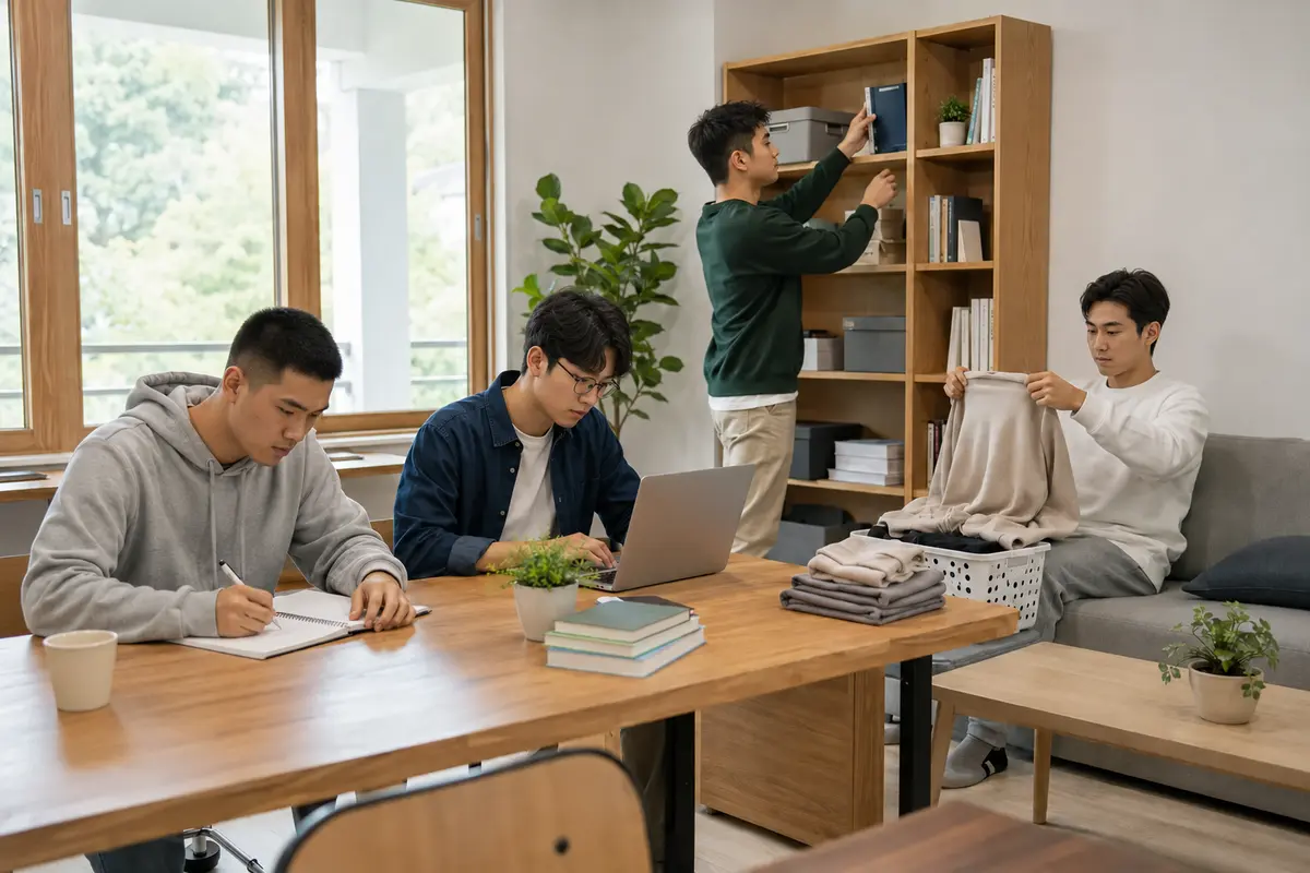 얼굴과 헤어스타일이 서로 다른 남학생 네 명이 기숙사 공용공간에서 공부하고 생활하는 가상 이미지